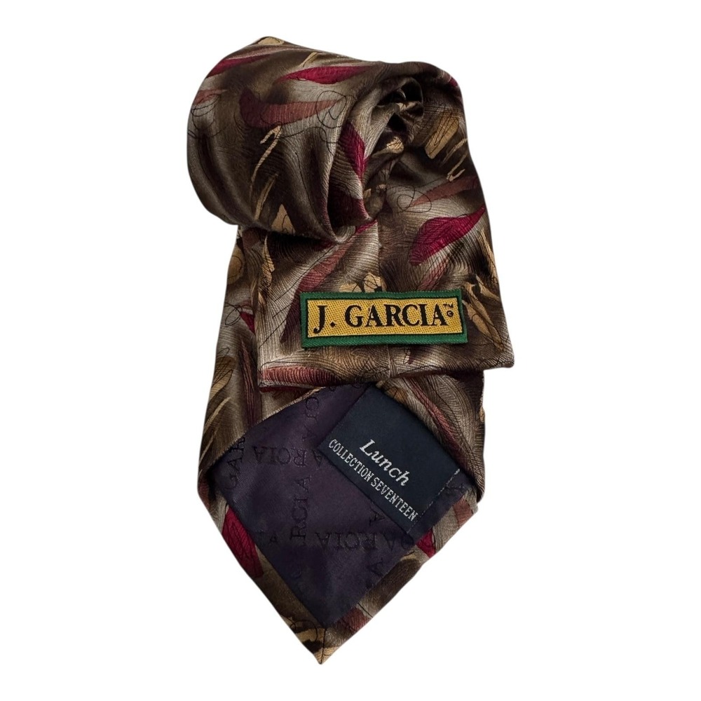 J Garcia Tie Mens Brown Silk Lunch Collection Seventeen Feather Leaf Pattern 90s
